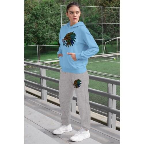 Angemiel Wear Feather Indian Crossbones Women Tracksuit Set Blue Hooded Sweatshirt Gray Sweatpants