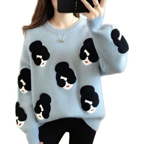 2021 Spring Autumn Women Knitted Sweater Fashion Cartoon Girl Pattern O-Neck Loose Female Pullovers Warm Office Ladies Tops