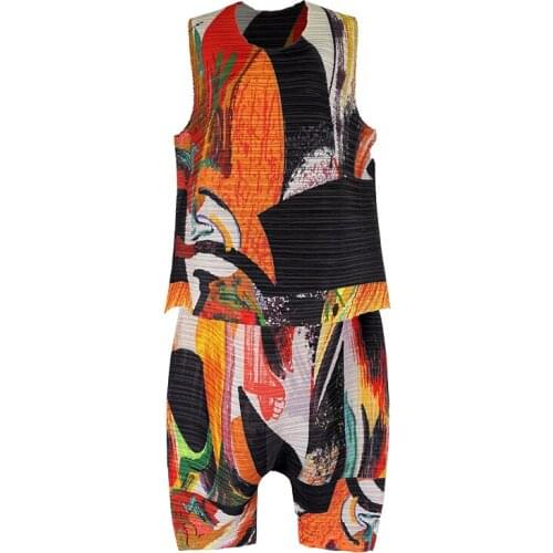 Miyake Pleated Women 2021 Summer Vintage Aesthetic Printed Shorts Sets Two Piece Sleeveless Top Harlan Wide Leg Harem Pants