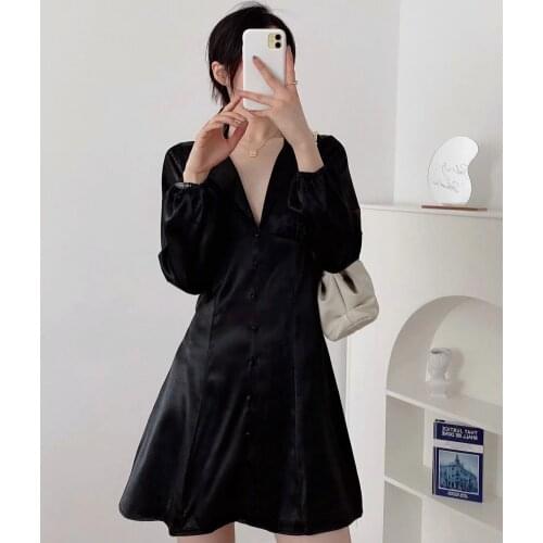 DYLQFS Summer Women Elegant Mini Satin Black V Neck Dress Female Vintage Casual Chic Slim Long Sleeve Single-Breasted Dresses