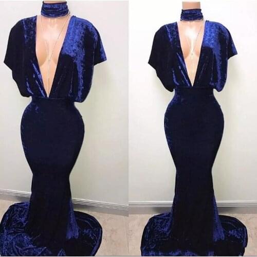 New Royal Blue Velvet Mermaid African Evening Dresses Sexy Plunging V Neck Bat Sleeves Long Prom Party Gowns vestidos