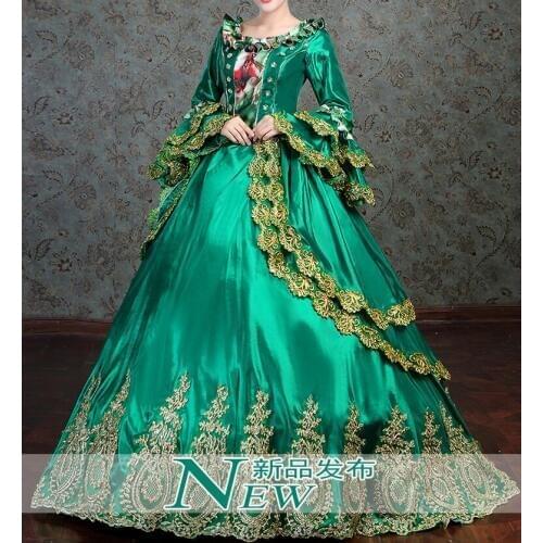 100%real green gown embroidery golden ruffled vintage long medieval dress/ball gown/medieval dress/victorian cosplay ball gown