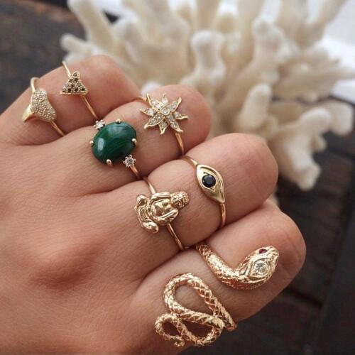7 Pcs/Set Boho Little Snake Star Eyes Buddha Statue Gem Triangle Gold Adjustable Opening Ring Set Women Personality Jewelry Gift