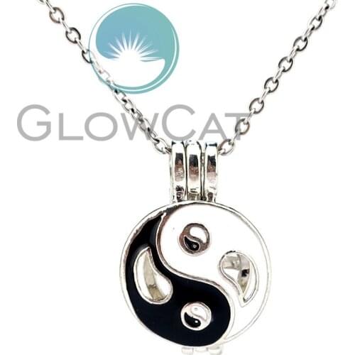 White & Black Enamel Yinyang Taichi Beads Cage Locket Pendant Perfume Diffuser Pearl Cage Necklace KK1050