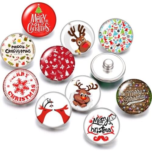 DB0434 Christmas Snowflake elk 18mm snap buttons 10pcs mixed round photo glass cabochon style for snap button jewelry Gift