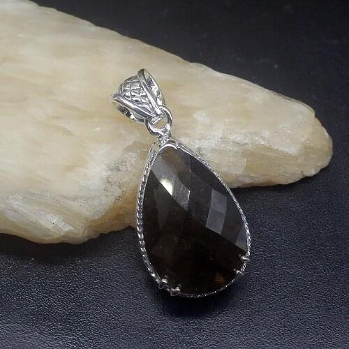 Gemstonefactory Jewelry Big Promotion 925 Silver Teardrop Shiny Smoky Topaz Women Ladies Mom Gifts Necklace Pendant 20213571