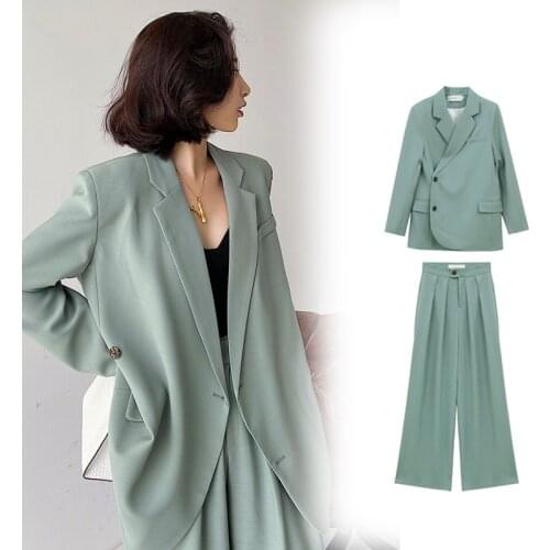 Women Jacket Blazer Suit Green Loose Trousers Fashion Casual Long Sleeve Tops Slim Age Reduction Coat and Trousers 2 Pieces Set