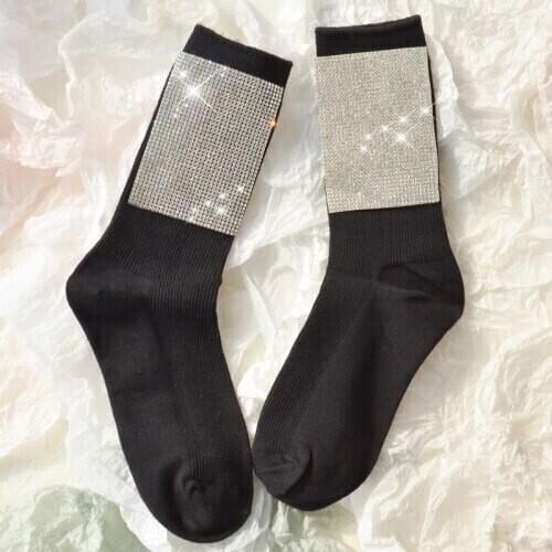 Korean Style Fashion Gold and Silver Silk Black Full Rhinestone Stretch Socks Female Fit
