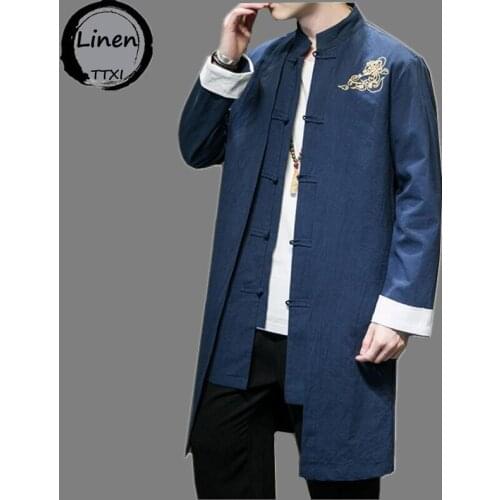 Chinese Style Mens Cotton Linen Medium Long Windbreaker Mens Tang Hanfu Traditional Chinese Clothing Autumn Coat Buckle Jacket