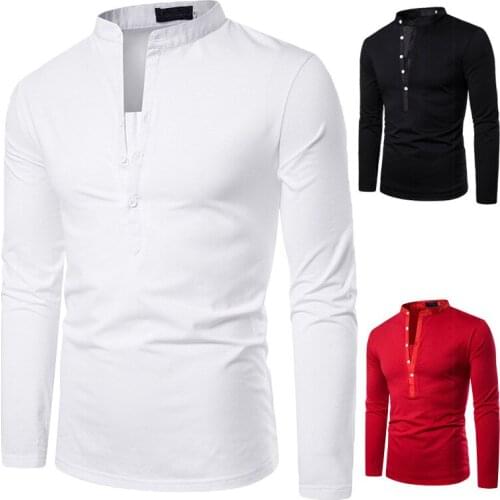 Tops M-2Xl 2021 New Mens Chinese Vintage Shirt Men V-Neck Long Sleeve Shirt Solid Color Slim Fit Male