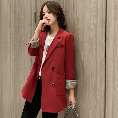 Autumn Spring Red Mid Lenght Blazer Women Large Size Beige Black Double Breasted Big Blazer Fall Korean Slim Female Jacket