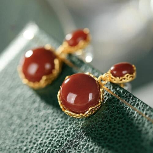 Natural Hotan South Red chalcedony Oval Earrings Chinese retro palace style unique ancient gold craft female Festival gift