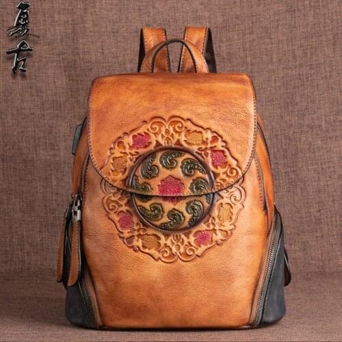 Genuine Leather Women Backpack Rucksack With USB Charging Port School Book Bag Retro Lady Female Real Cowhide Daypack Knapsack