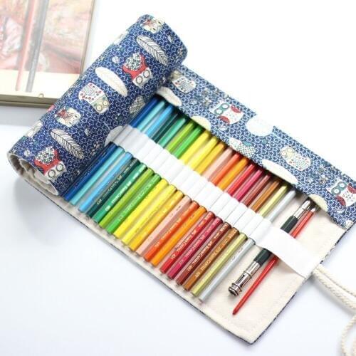 Cute 36/48/72 Holes Blue Owl Canvas Roll Pencil Bag Case Box Make Up Brush Pen Pouch Organizer Boys Girls Gift School Supplies