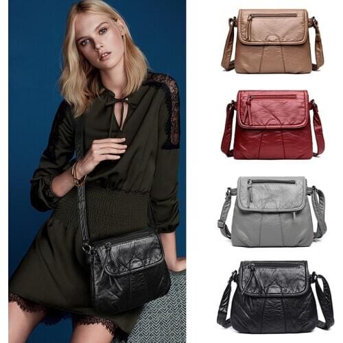 Black Red Gray Khaki Small Women Messenger Bag Soft Washed PU Leather Crossbody Bag Female Handbag Purses Chain