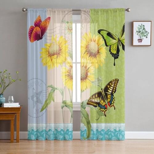Flower Sunflower Butterfly Tulle Curtains For Living Room Bedroom Voile Curtain Home Decoration Sheer Balcony Door Curtain