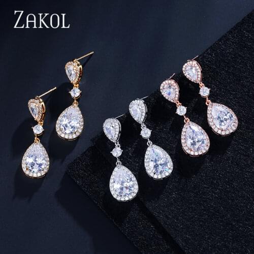 ZAKOL Classic Water Drop Shaped Cubic Zirconia Crystal Bridal Earrings Wedding Jewelry For Brides Bridesmaid FSEP2288