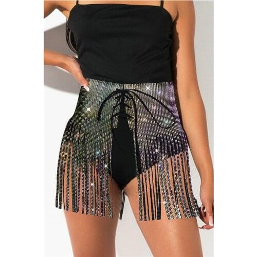 2021 New Colorful Rhinestone Tassel Mini Skirt Empire Tunic Hollow Out Drawstring Adjustable Fahion Celebrity Streetwear Skirts