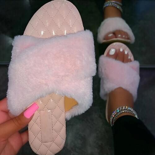 Women Fluffy Fur Slippers 2020 Ins Hot Woman Slides Ladies Fashion Flats Female Shoes Womens Soft Footwear Plus Size 36-43