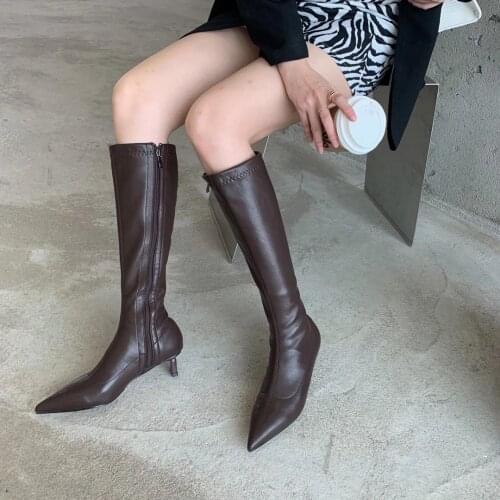 Pointed Toe Knight Boots for Woman Thin Mid Heels Side Zipper Winter Knee High Boots Elegant Fashion Stretch Boots Woman Size 39
