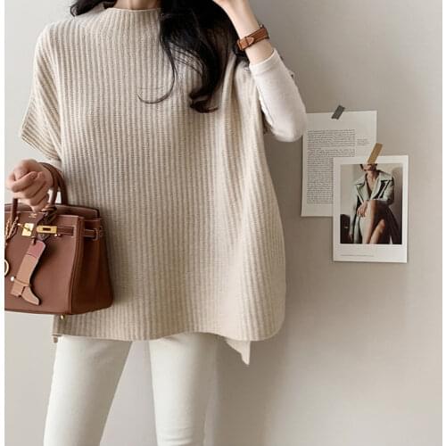 Women Autumn Fashion Chic Sweater Knit Cloak Short Sleeve Loose Vertical Pattern Pullovers Beige Loose Knitted Cloak Coat Top