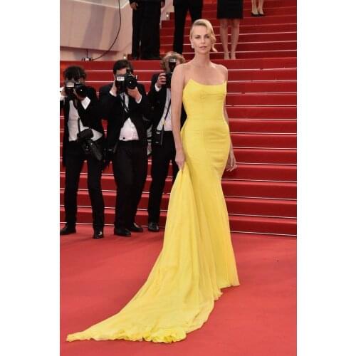 Long Strapless Mermaid Yellow Celebrity Dresses Sleeveless Satin Lace Up Back Abendkleider Robes de Soirée for Women