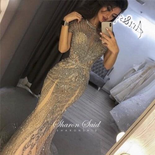 Sharon Said Luxury Gray Beaded Dubai Evening Dress Mermaid Long Elegant Women Formal Prom Dresses Plus Size Vestido de Fiesta