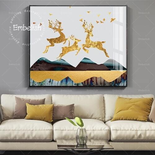 1 Pieces Jumping Golden Deer Above Mountain Modern Home Decor Pictures For Living Room Wall Posters HD Print Canvas Paintings