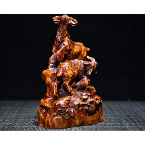5"China Lucky Old Boxwood Gilt Hand-carved Three goats statue Implication Sanyang Kaitai Office Ornaments Town House