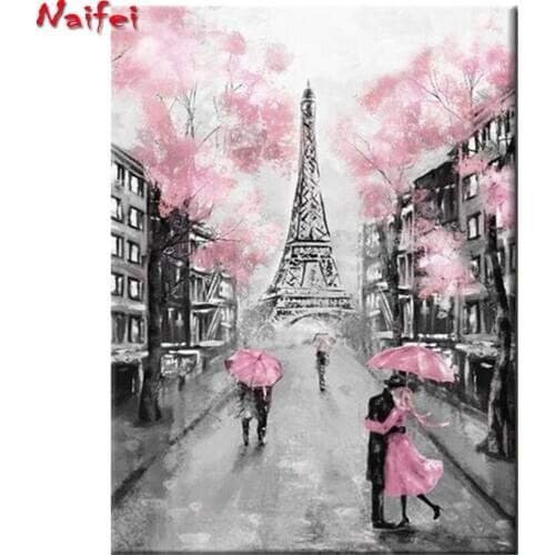 5D Diy diamond painting Pink Umbrella Rainy Day Landscape wedding decoration embroidery mosaic Romatic Couple Paris Tower