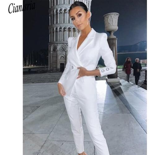 White Women Blazer Suits Sexy V Neck Double Breasted Formal Office Lady Pants Suit Prom Party Wedding (Jacket+Pants)