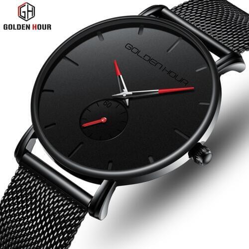 GOLDENHOUR Men Watch Top Luxury Brand Mens Simple Casual Quartz Watches Male Fashion Stainless Steel Waterproof Wrist Watches