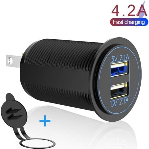 For Auto Marine Motorcycle Truck LED Blue Light 12-24V 2 Port USB Power Adapter Socket 5V 4.2A output Dual USB Charger