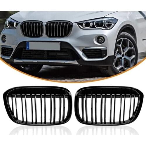 Gloss Black Front Bumper Kidney Grill Grilles for BMW X1 F48 F49 2016-IN XDrive Double Line M Look 51117383363 51117383364