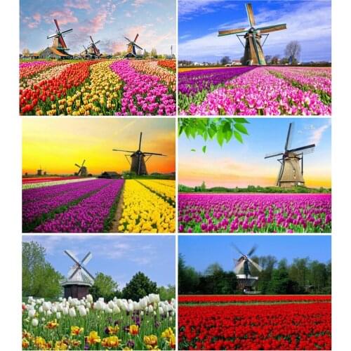 Kamy Yi Diy 5d Square Diamond Handmade Round Rhinestone Cross Stitch Tulip Windmill Picture Home Decoration Gift
