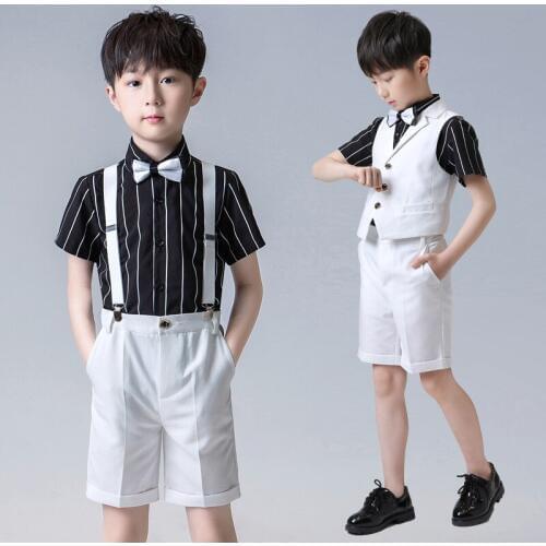 Flower Boys Fomal Wedding Dresses Set Kids Host Piano Performance Catwalk Costumes Children Striped Shirt Shorts Vest Clothes