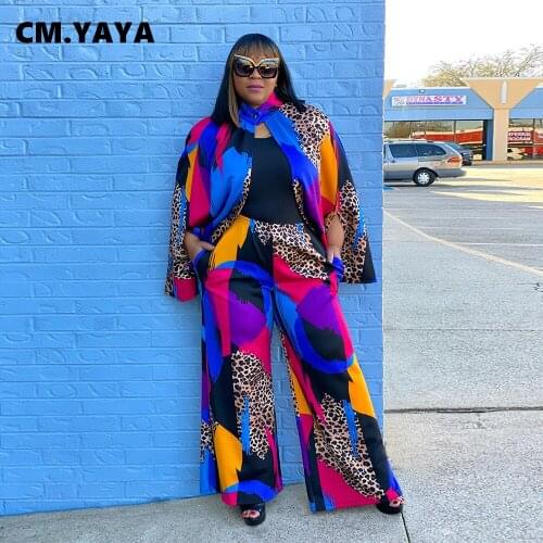 CM.YAYA Plus Size Set Women Multicolor Single Button Collar Full Batwing Sleeve Tops Loose Wide Leg Long Pants 2 Two Piece Set