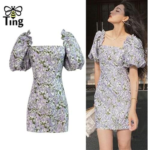 Tingfly Summer Sexy Slash Collar Purple Floral Vintage Puff Sleeve Casual Hot Tight Mini Short Dress Lady Sheath Vestidos Robe