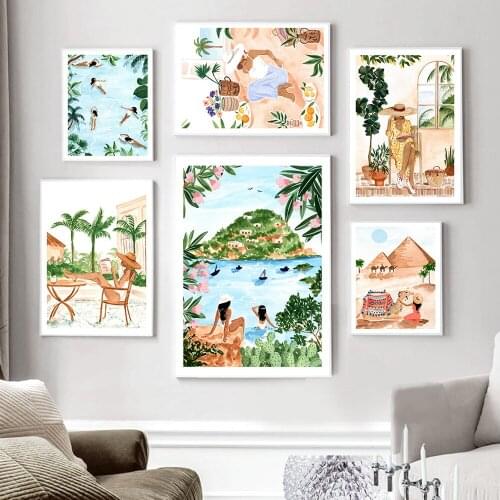 Morocco Fashion Girls Travel Poster Abstract Swimming Pool Leaf Art Canvas Painting Nordic Living Room Wall Decor Print Pictures