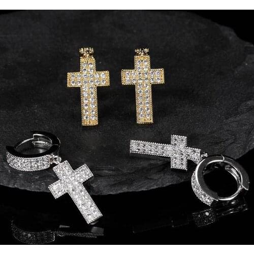 HipHop Cross Earrings For Men Micro Pave Sparkly Cubic Zircon High Quality Brass Jewellery For Man/Women