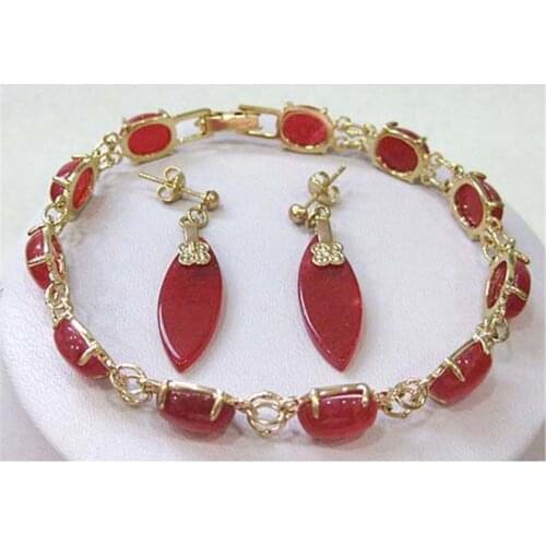 New Natural Green Black Red Bracelet Earrings Set Gold Color For Women Bridal Party Wedding Gift Fine Luxury Jewelry 7.5" Length