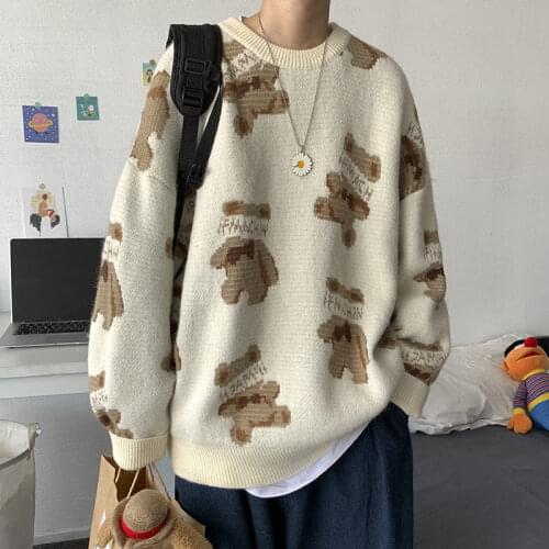 Autumn and Winter Cartoon Bear Sweater Men Round Neck Long Sleeve Korean Clothes Loose Hip Hop Pullover Streetwear