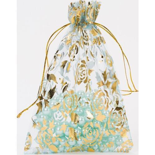 Organza Gift Bag 9x12cm Jewelry Gift Bags Christmas Wedding Favor Holder Cheap Light Blue Rose Jewelry Packaging Drawstring Bag