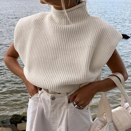 Casual Woman Fashion Tops Elegant Womens Turtleneck Sleeveless Vest Sweater With Shoulder Pads Knitted Pullovers Autumn Jumper