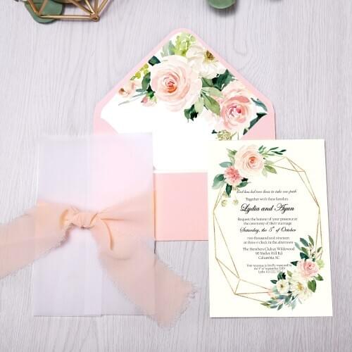 50pcs Invitations Cards Bridal, Baby Shower Invite, Birthday, Dinner Invites, Pink pocket with Flower