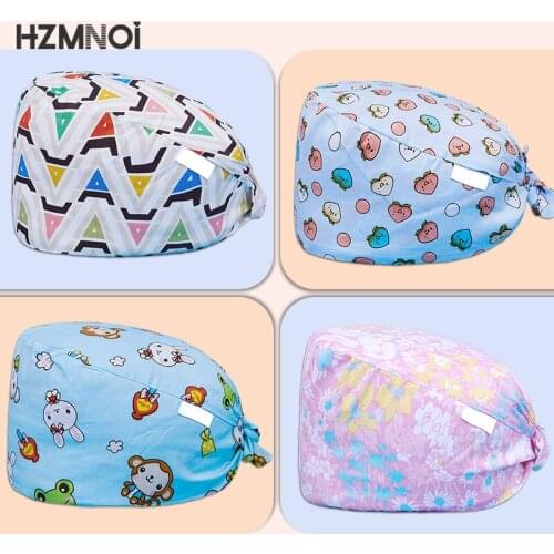 Cartoon Printing Cotton Adjustable Nurse Cap Surgical Cap Woman Veterinary Pet Shop Scrub Hat Dentist Working Cap Scrub Cap