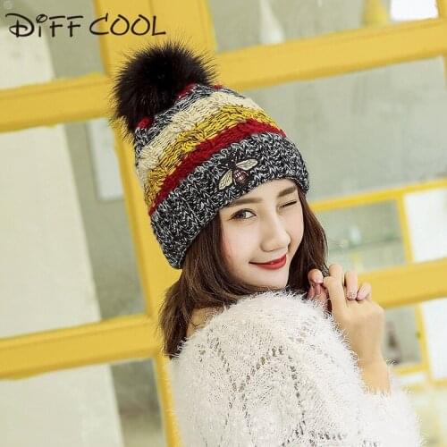 DIFF COOL Wool hat autumn and winter ladies Korean fashion cute sweet bee hair ball earmuffs warm cold knit cap