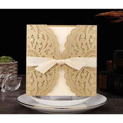 Wedding Invitations 50pcs Laser Cut Card WIth Ribbon Envelopes Wedding Party Decoration Customized Print White Gold Blue