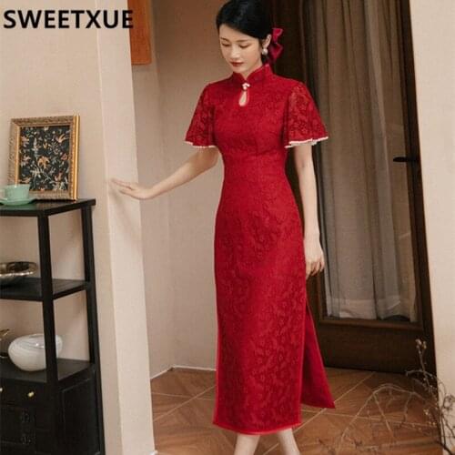 SWEETXUE Red Lace Cheongsam Elegant Wedding Dress Womens Beaded Flare Sleeves Temperament Party Dress Vestidos Robe Femme