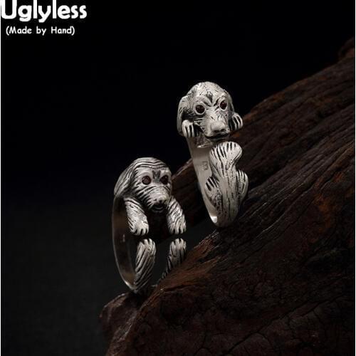 Uglyless Real 990 Silver Fine Jewelry Women Vintage Vulcanized Silver Open Finger Rings Girls Lovely Dog Ring Red Crystal Bijoux